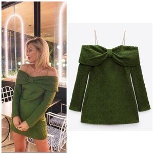 NEW Zara Tweed Off Shoulder Bow Structured Long Sleeve Mini Dress in Green